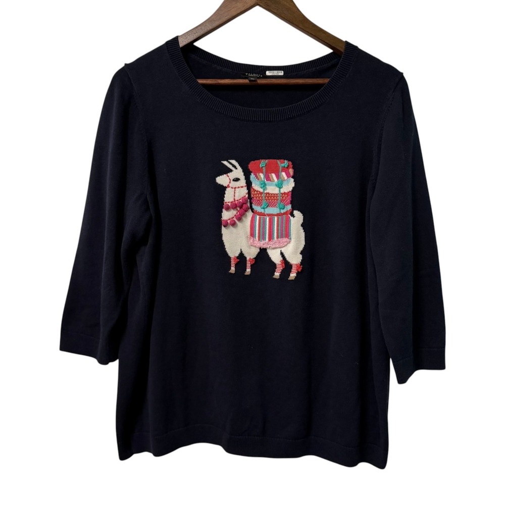 Talbots Sweater Women 1XP Pullover Navy Blue Llama Embroidery Pom Pom Novelty